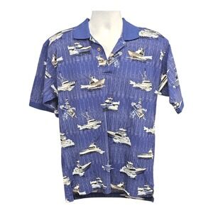 Bluewater Wear Short Sleeve Polo Shirt Cotton Print Blue/Gray Size Large